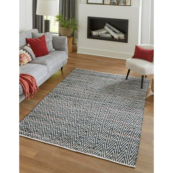 Unique Loom Claire Chindi Chevron Rug Black and White 2' x 3' 1" Rectangle Hand Made Chevron Coastal Perfect For Living Room Bed Room Dining Room Office
