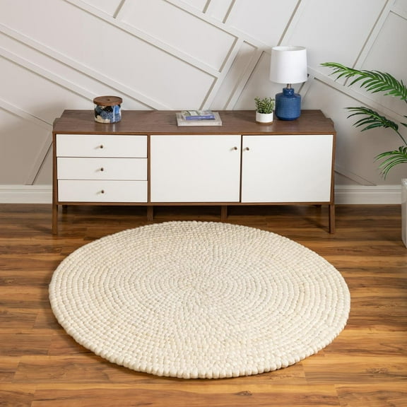 Unique Loom Cloud Felt Ball Rug , 3' 3" x 3' 3" ,Ivory