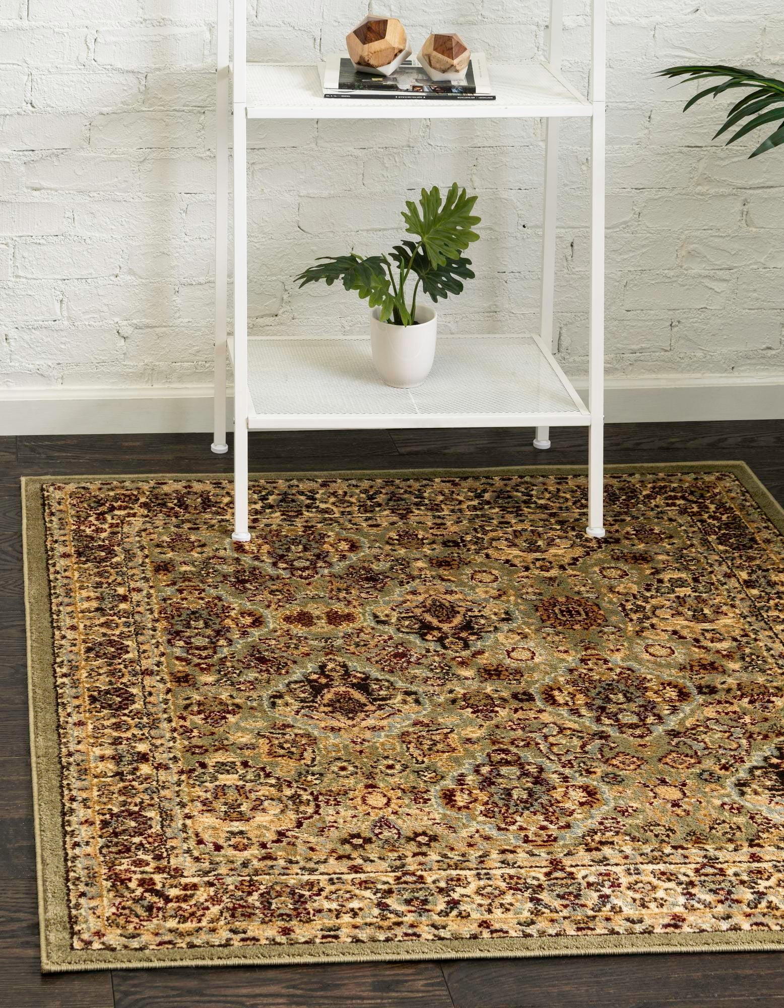 Elegant Square Floral Indoor Area Rug, 4'1", Light Green and Cream