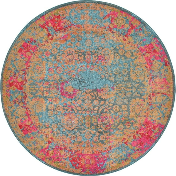 Unique Loom Coranado Medici Rug Blue/Beige 6' 1" Round Abstract Bohemian Perfect For Dining Room Entryway Bed Room