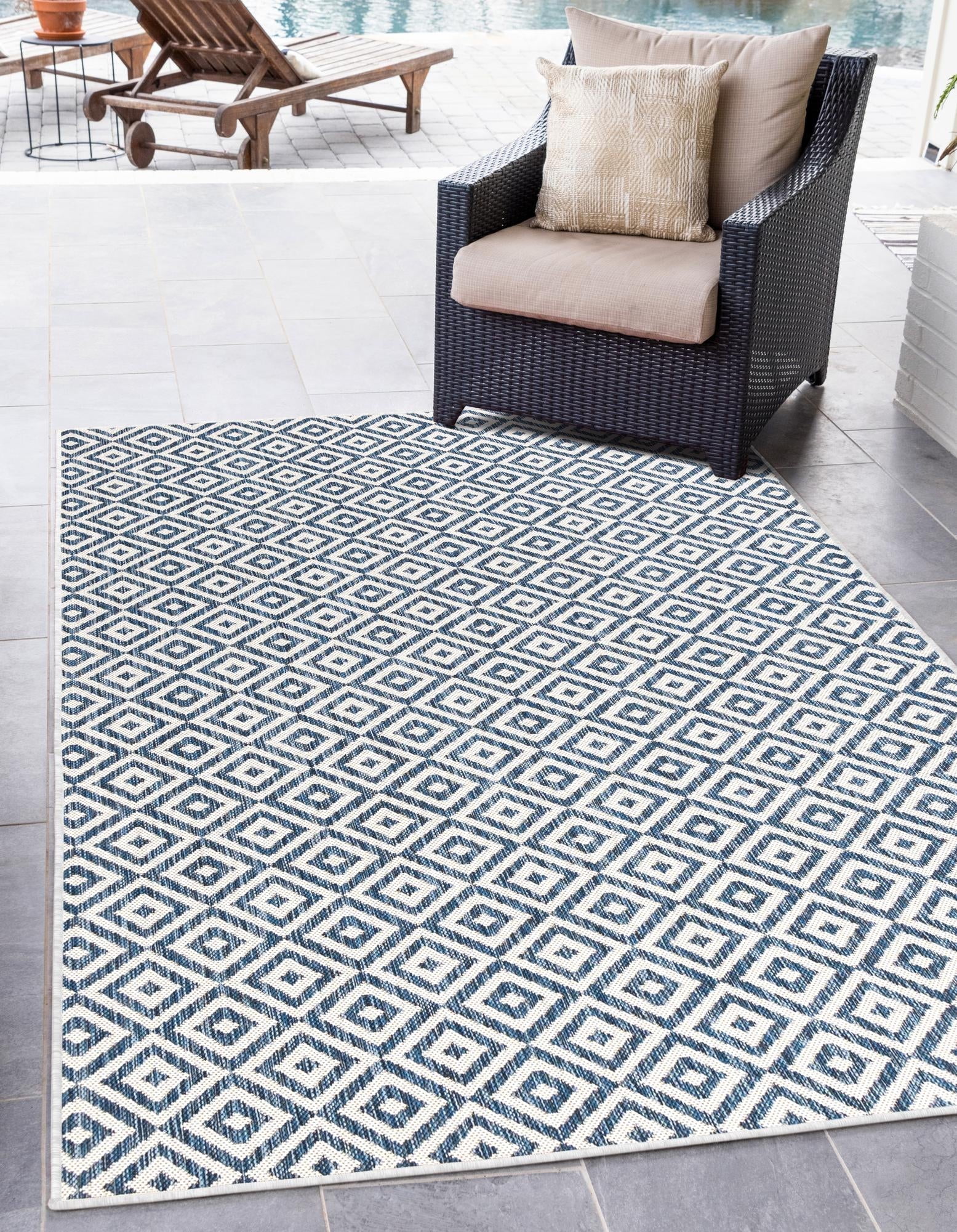 Blue Geometric Flat Woven Outdoor Area Rug 8' x 10'