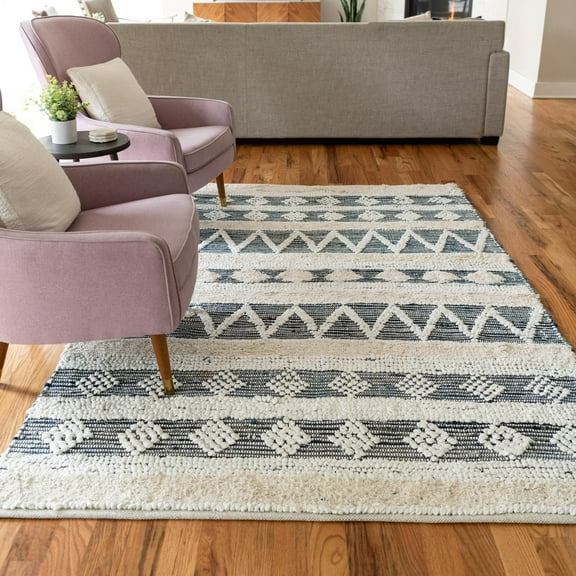 Unique Loom Cotton Chindi Collection Area Rug (4' 1" x 6' 1" Rectangle Ivory/Navy Blue)