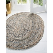 Unique Loom Crossed Braided Chindi Rug Natural/Blue 4' 1" x 6' 1" Oval Hand Made Abstract Comfort Perfect For Dining Room Bed Room Kids Room Play Room