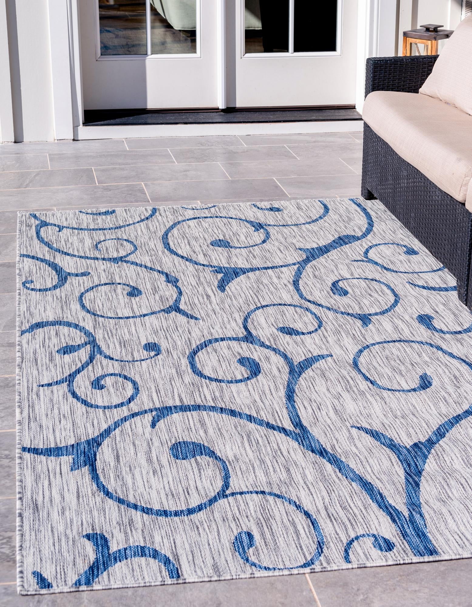 Gray and Blue Rectangular Outdoor Synthetic Rug