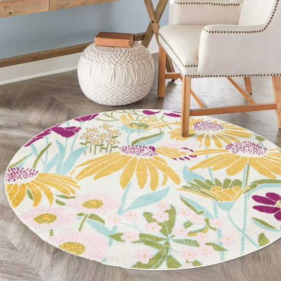 Unique Loom Bloom Collection Area Rug - Daisy (5' 3" Round White/Yellow)