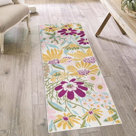 Unique Loom Bloom Collection Area Rug - Daisy (2' 7" x 12' Runner White/Yellow)