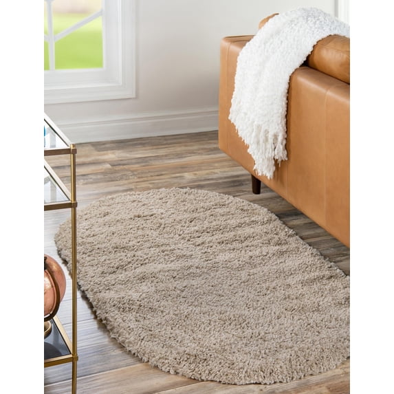 Unique Loom Davos Shag Collection Area Rug - Solid (3' 1" x 5' 3" Oval Linen)