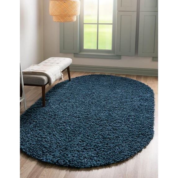 Unique Loom Davos Shag Collection Area Rug - Solid (5' 3" x 8' Oval Marine Blue)