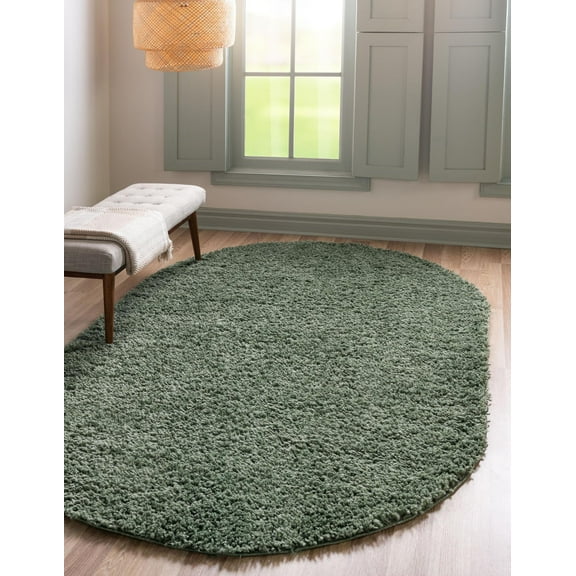 Unique Loom Davos Shag Collection Area Rug - Solid (5' 3" x 8' Oval Sage)