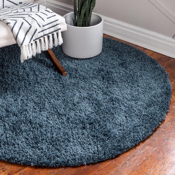 Unique Loom Davos Shag Collection Area Rug - Solid (7' 1" Round Marine Blue)