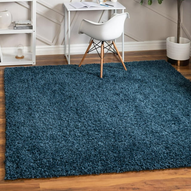 Unique Loom Davos Shag Rug Marine Blue 10' Square Solid Comfort Perfect For Dining Room Living Room Bed Room Kids Room
