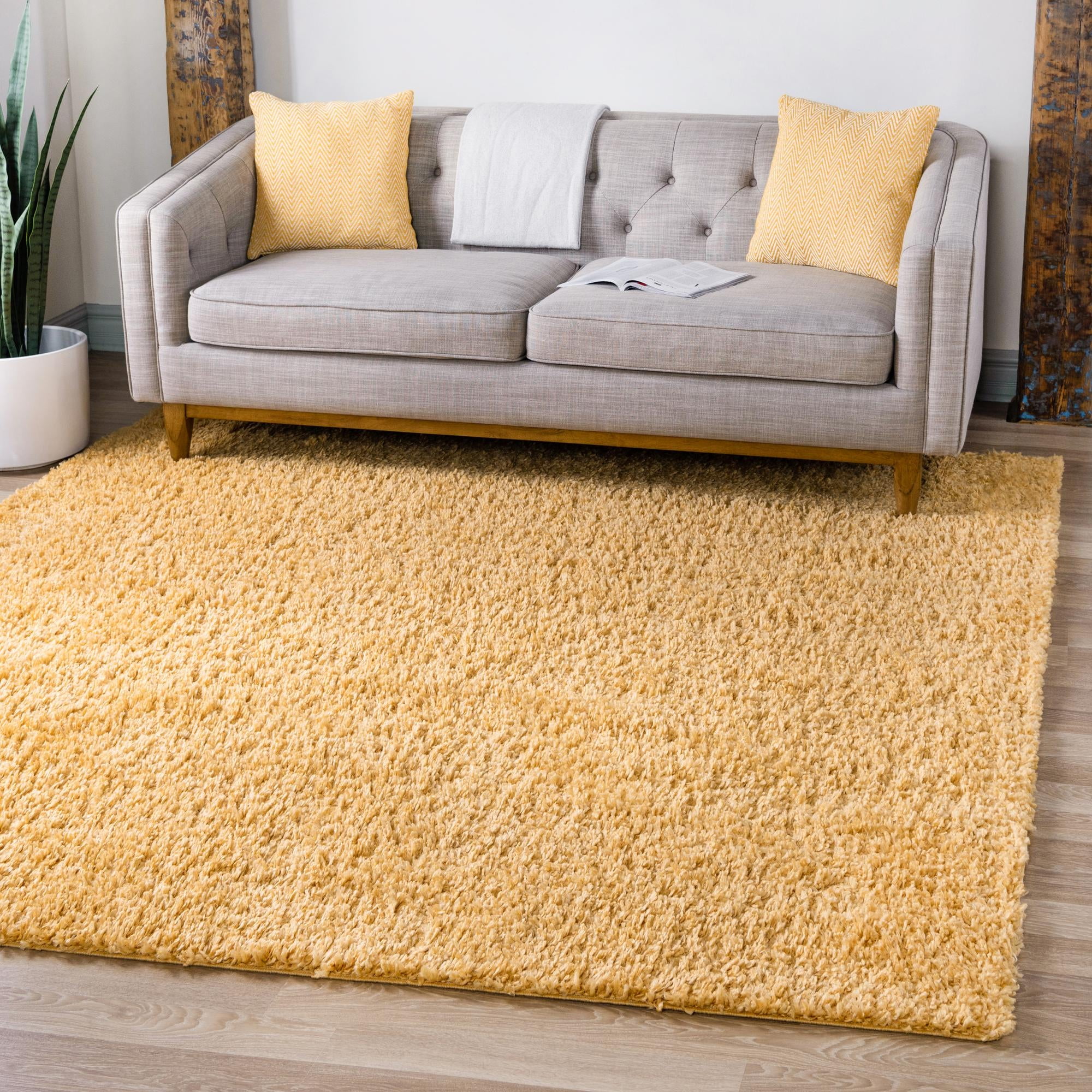 Unique Loom Davos Shag Rug Sun Yellow 7' 1" Square Solid Comfort