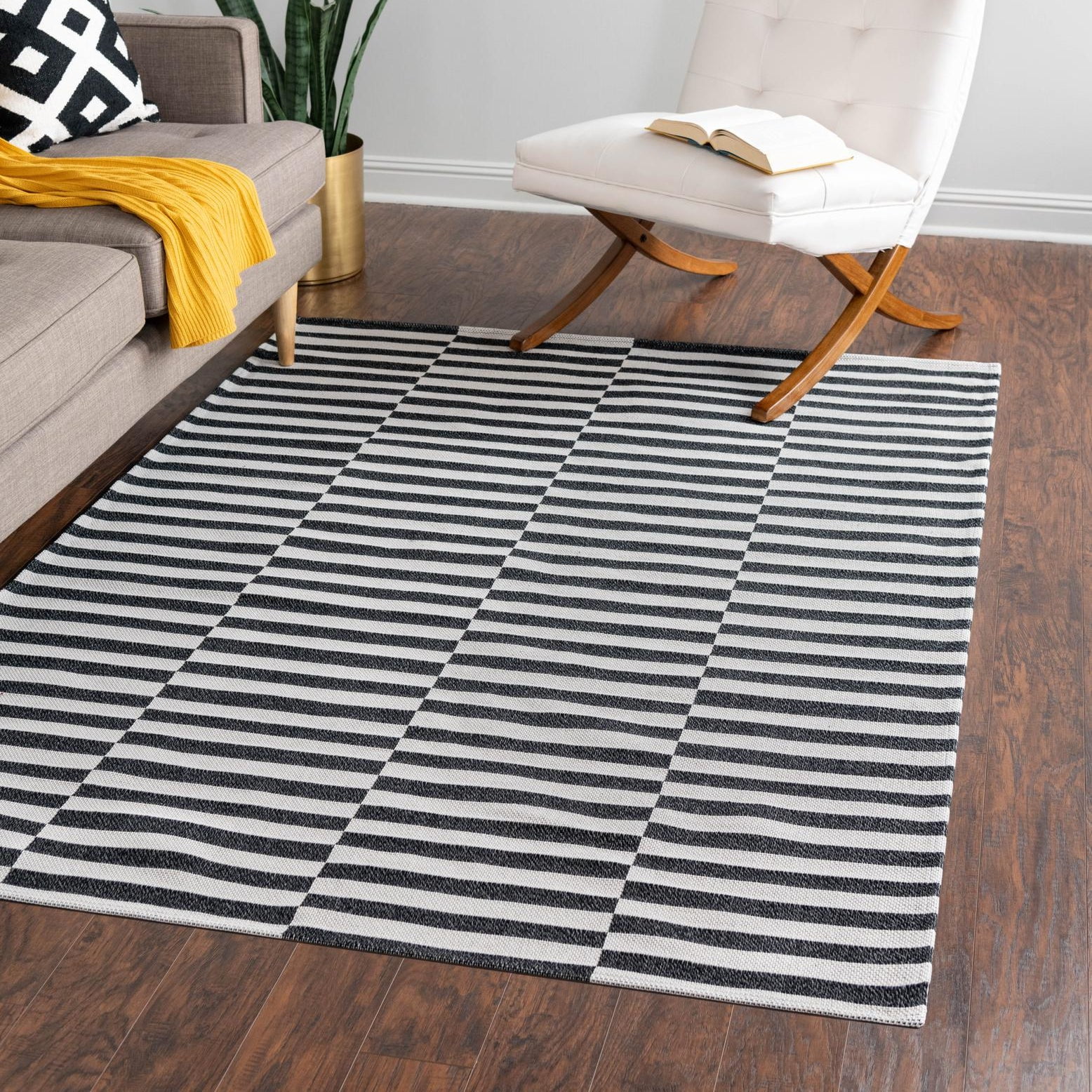 Black and Ivory Flat Woven Striped Rectangular Area Rug