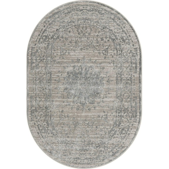 Unique Loom Aberdeen Collection Area Rug - Derbyshire (4' x 6' Oval Gray/Navy Blue)