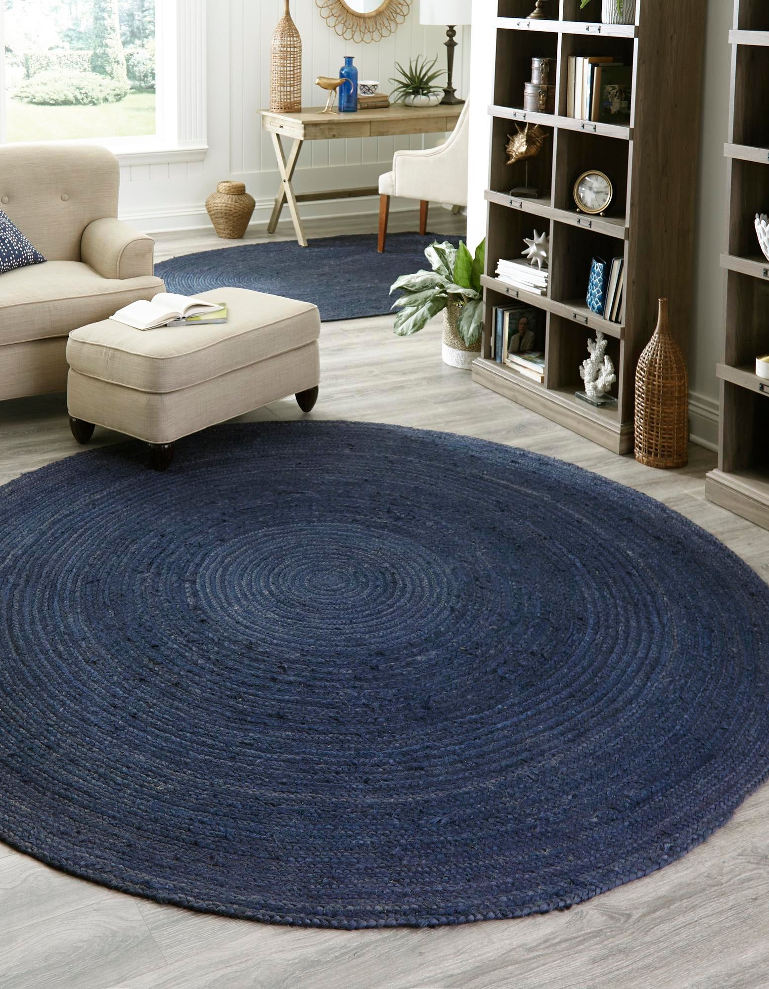 Unique Loom Dhaka Braided Jute Rug , 5' 1" x 5' 1" ,Navy Blue
