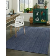 Unique Loom Dhaka Braided Jute Rug Navy Blue 5' 1" x 8' Rectangle Hand Made Solid Coastal Perfect For Living Room Bed Room Dining Room Office