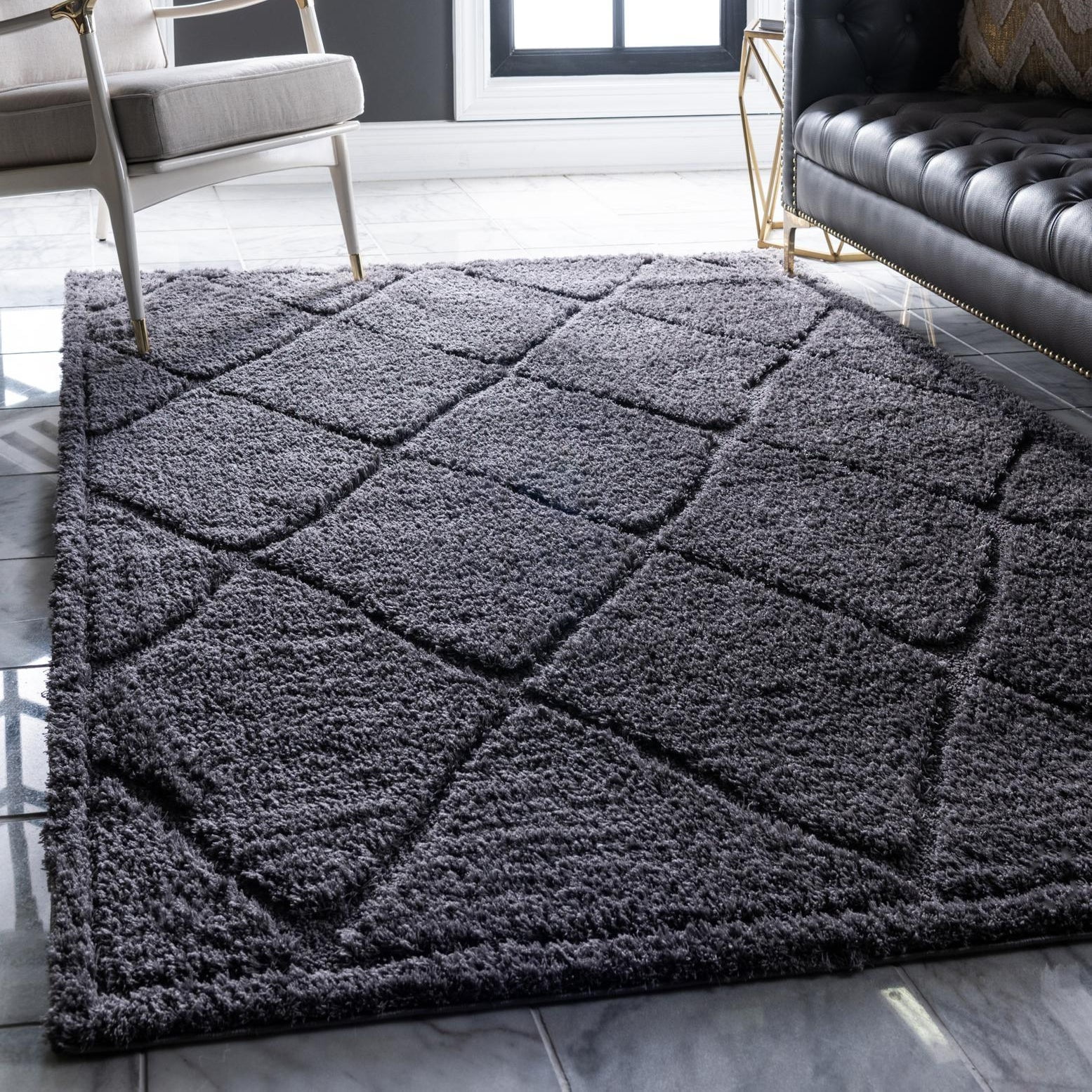 Luxurious Dark Gray Trellis Shag Rug 5' x 8' for Indoor Elegance