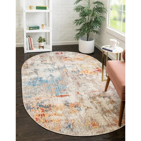 Unique Loom Dispersive Rainbow Rug Multi/Beige 5' 1" x 8' Oval Abstract Bohemian Perfect For Dining Room Bed Room Play Room