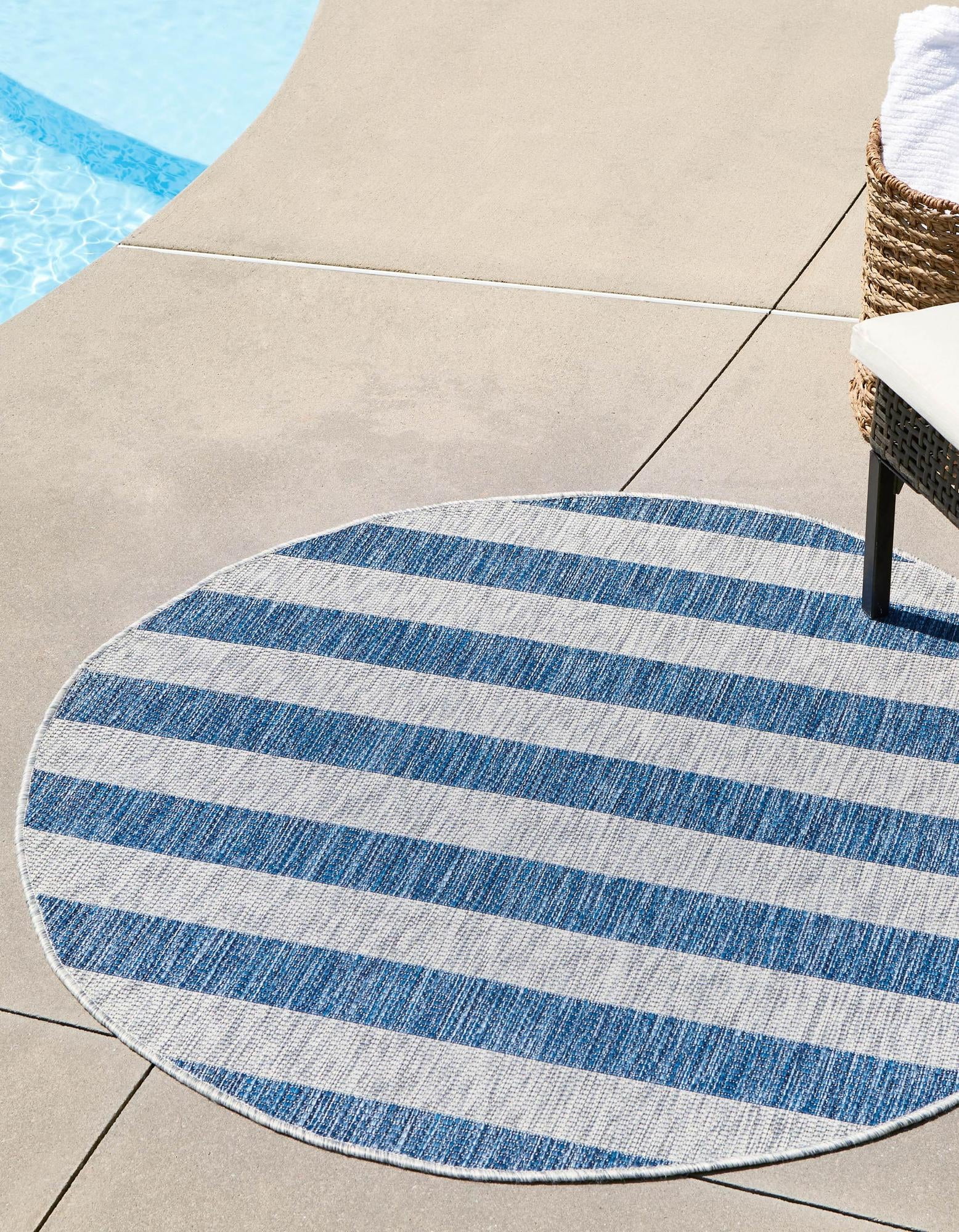 Blue and Gray Round Striped Outdoor Rug