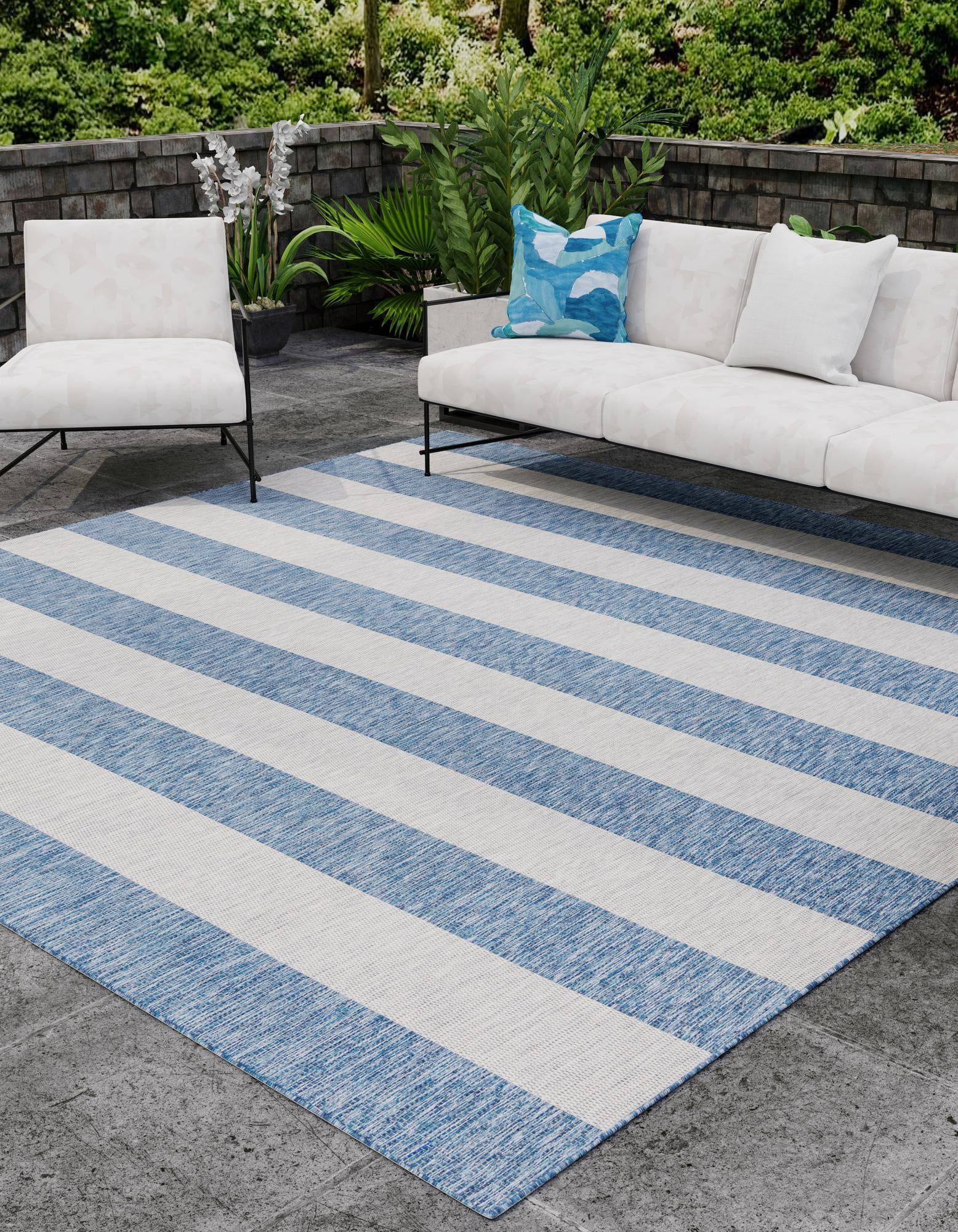 Blue and White Striped Square Outdoor Area Rug