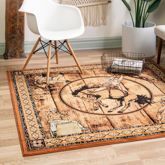 Unique Loom Pioneer Collection Area Rug - Dutton (5' 3" Square Walnut/Beige)