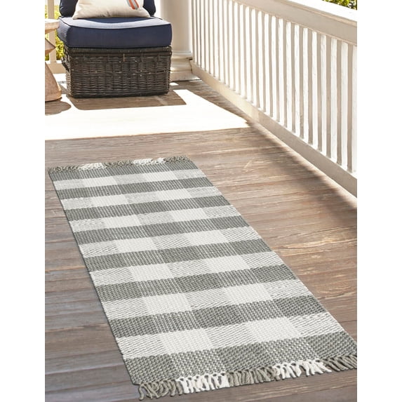 Unique Loom Eco Plaid Indoor Outdoor Washable Collection Area Rug - Balmoral (2' x 6' 1" Runner Gray/Ivory)
