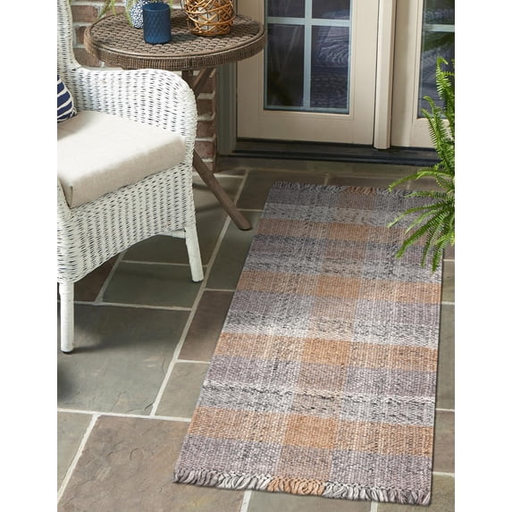 Unique Loom Eco Plaid Indoor Outdoor Washable Collection Area Rug - Balmoral (2' x 8' Runner Desert Gray/Natural)