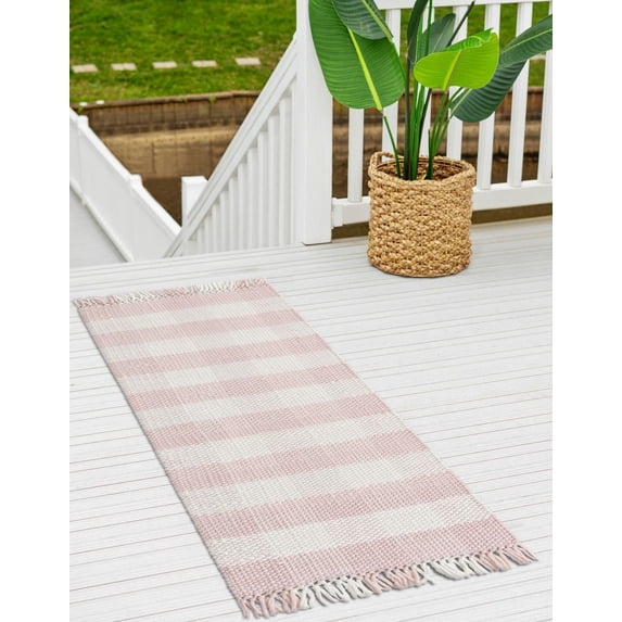 Unique Loom Eco Plaid Indoor Outdoor Washable Collection Area Rug - Balmoral (2' x 8' Runner Pink/Ivory)
