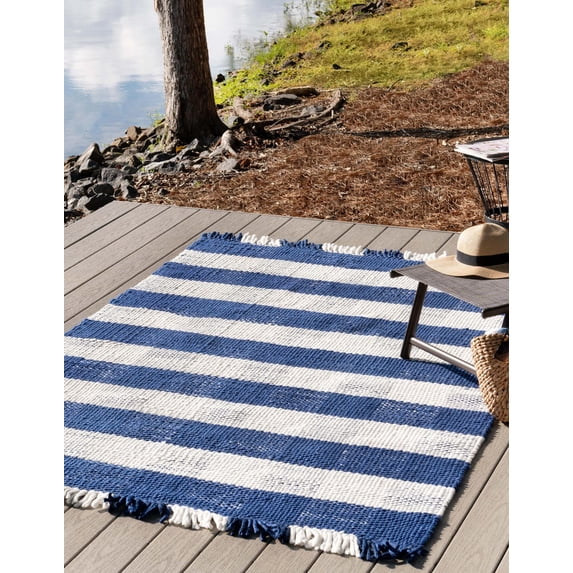 Unique Loom Eco Plaid Indoor Outdoor Washable Collection Area Rug - Balmoral (4' 1" x 6' 1" Rectangle Navy Blue/Ivory)