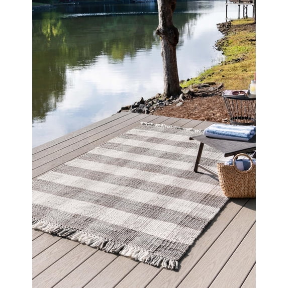 Unique Loom Eco Plaid Indoor Outdoor Washable Collection Area Rug - Balmoral (6' 1" x 9' Rectangle Gray/Ivory)