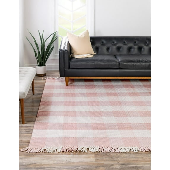 Unique Loom Eco Plaid Indoor Outdoor Washable Collection Area Rug - Balmoral (7' 10" Square Pink/Ivory)