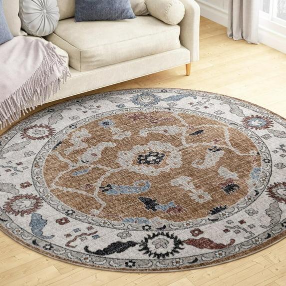 Unique Loom Eco Traditional Collection Area Rug - Animate (7' Round Almond Beige/Black)