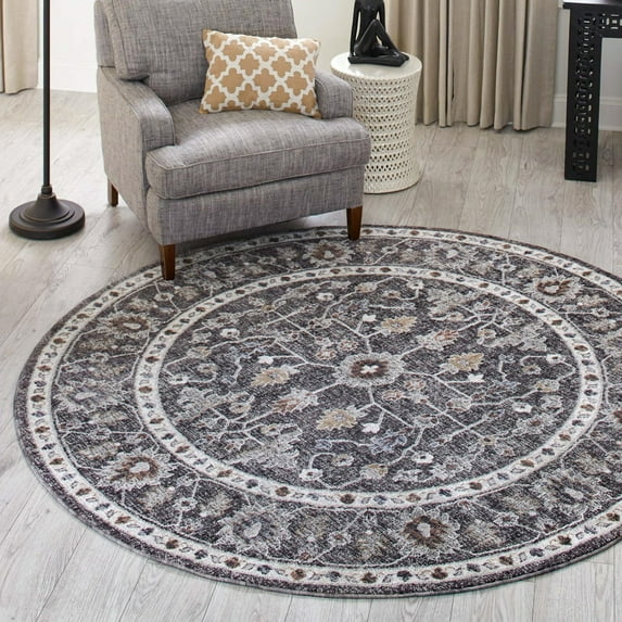 Unique Loom Eco Traditional Collection Area Rug - Coherance (3' 3" Round Charcoal Gray/Ivory)
