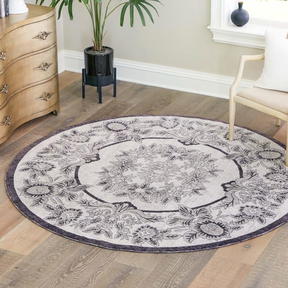 Unique Loom Eco Traditional Collection Area Rug - Salvage (3' 3" Round Ivory/Black)