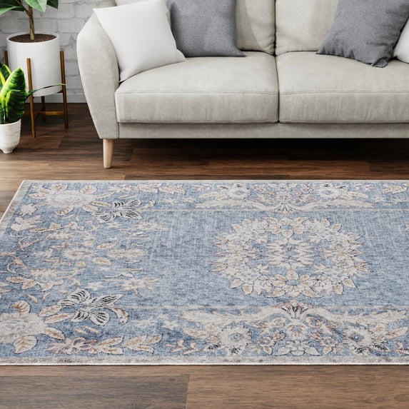 Unique Loom Eco Traditional Collection Area Rug - Salvage (7' 10" x 10' Rectangle Harbor Blue/Black)