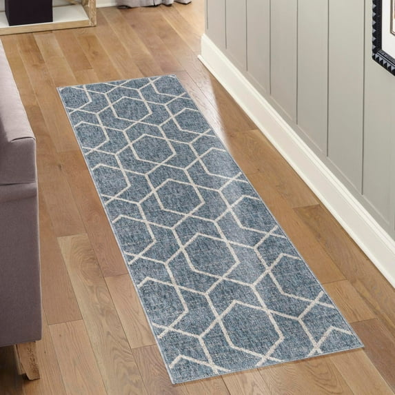 Unique Loom Eco Trellis Collection Area Rug - Mondo (2' 7" x 12' Runner Harbor Blue/Ivory)