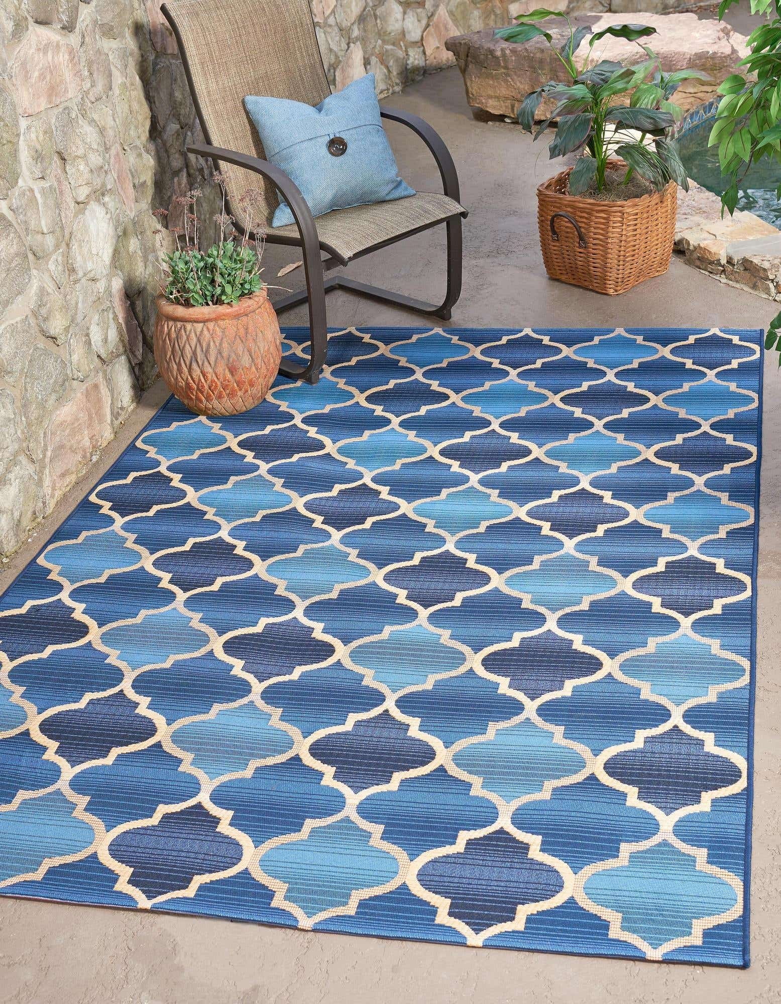 Blue Trellis Rectangular Outdoor Synthetic Area Rug