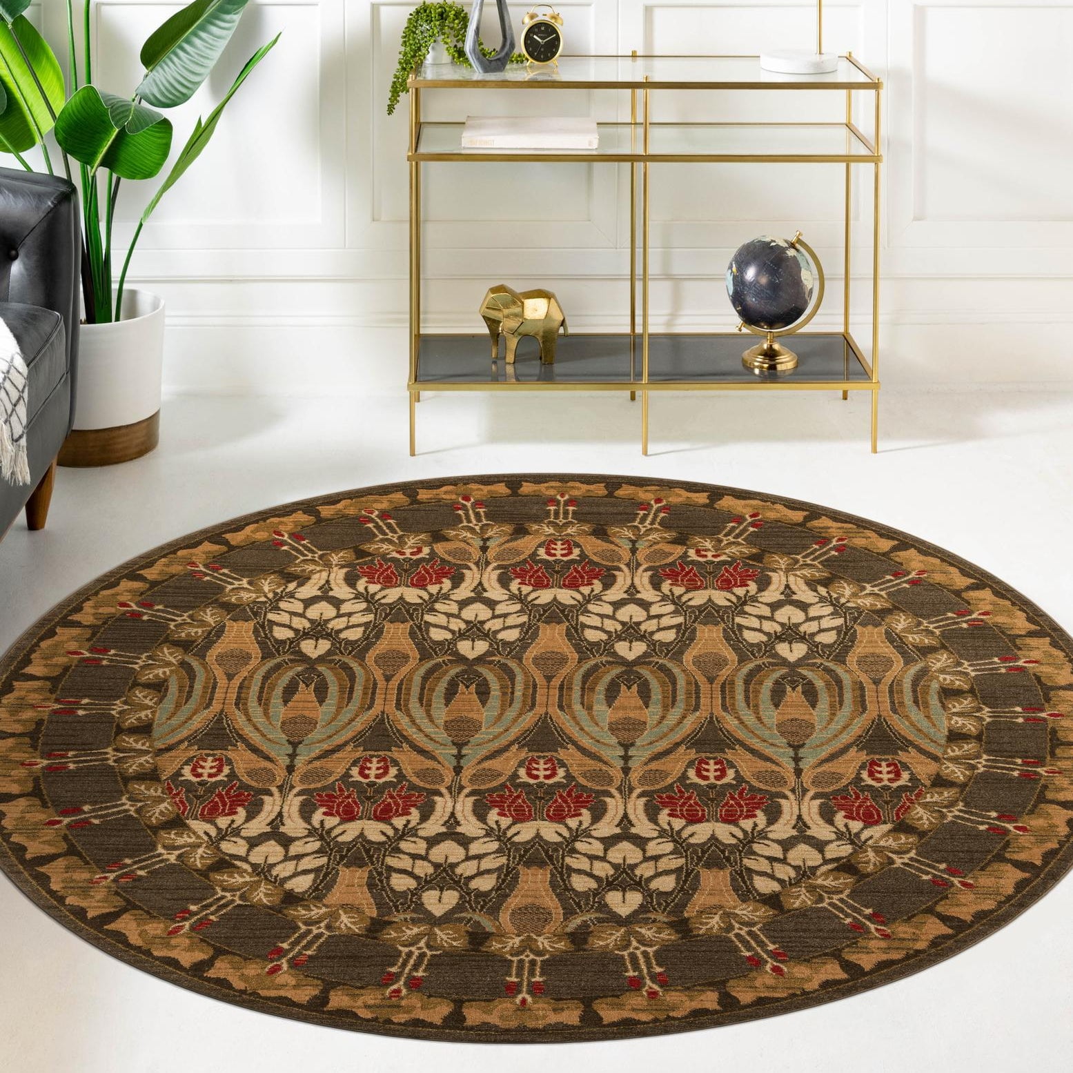 Edinburgh Round Brown and Red Geometric Synthetic Rug