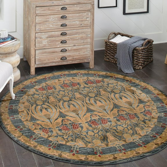 Unique Loom Edinburgh Collection Area Rug - Canmore (8' Round Navy Blue/Tan)