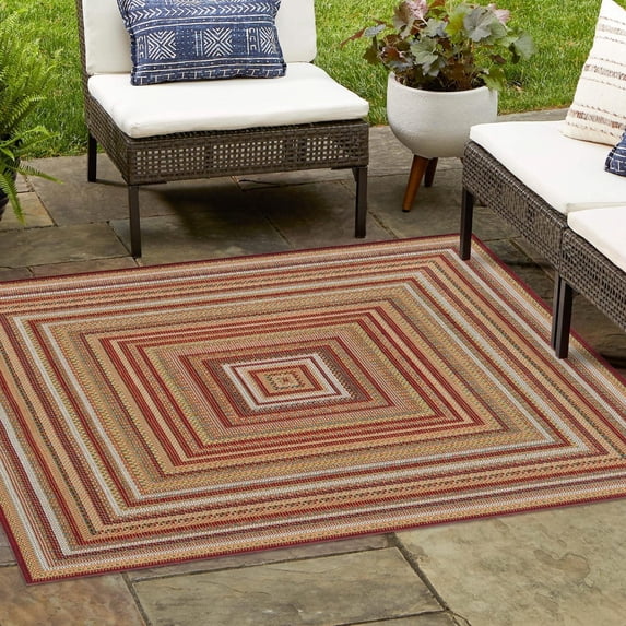 Unique Loom Baja Outdoor Collection Area Rug - Ensenada (7' 10" Square Burgundy/Green)