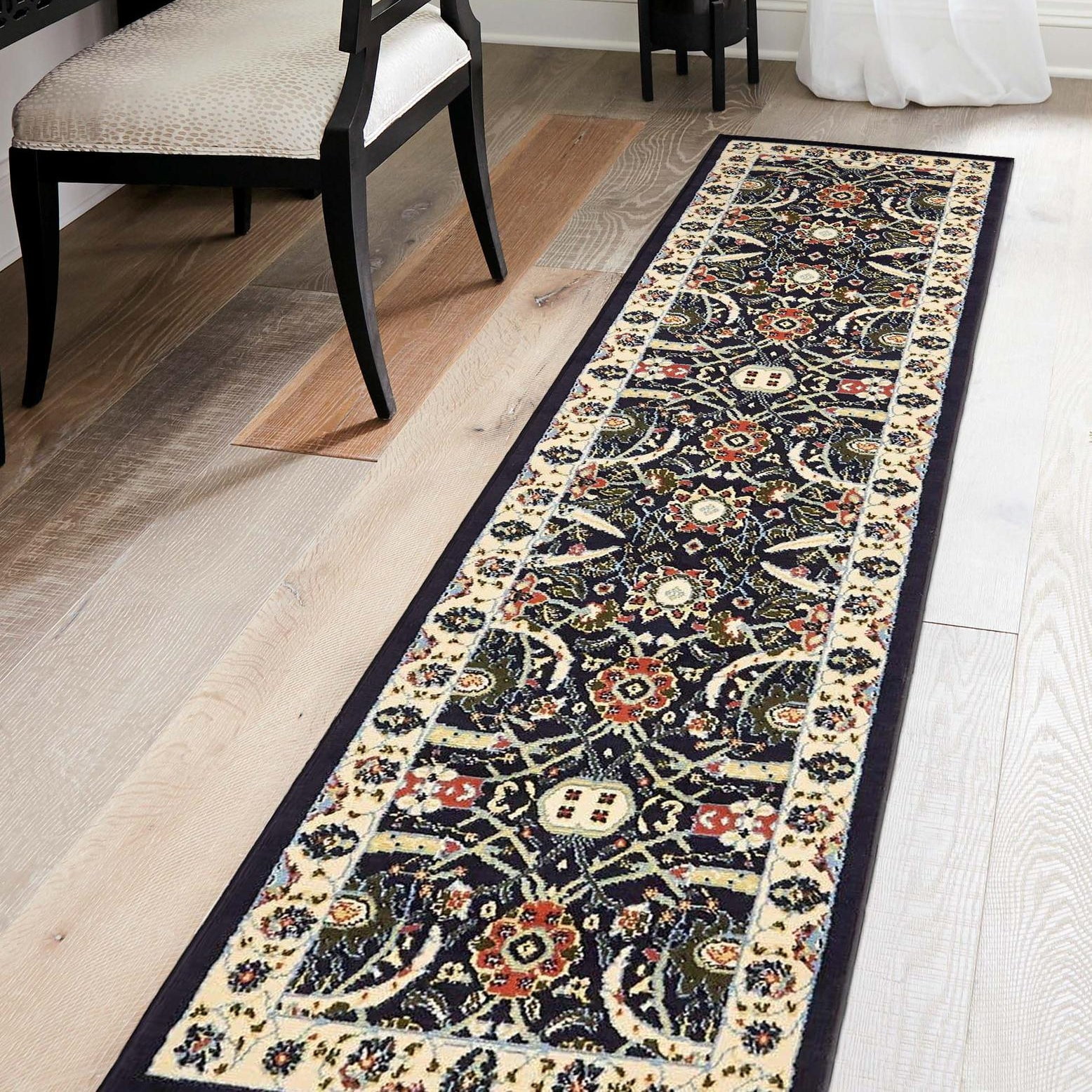 Navy Blue and Beige Floral Synthetic Runner Rug