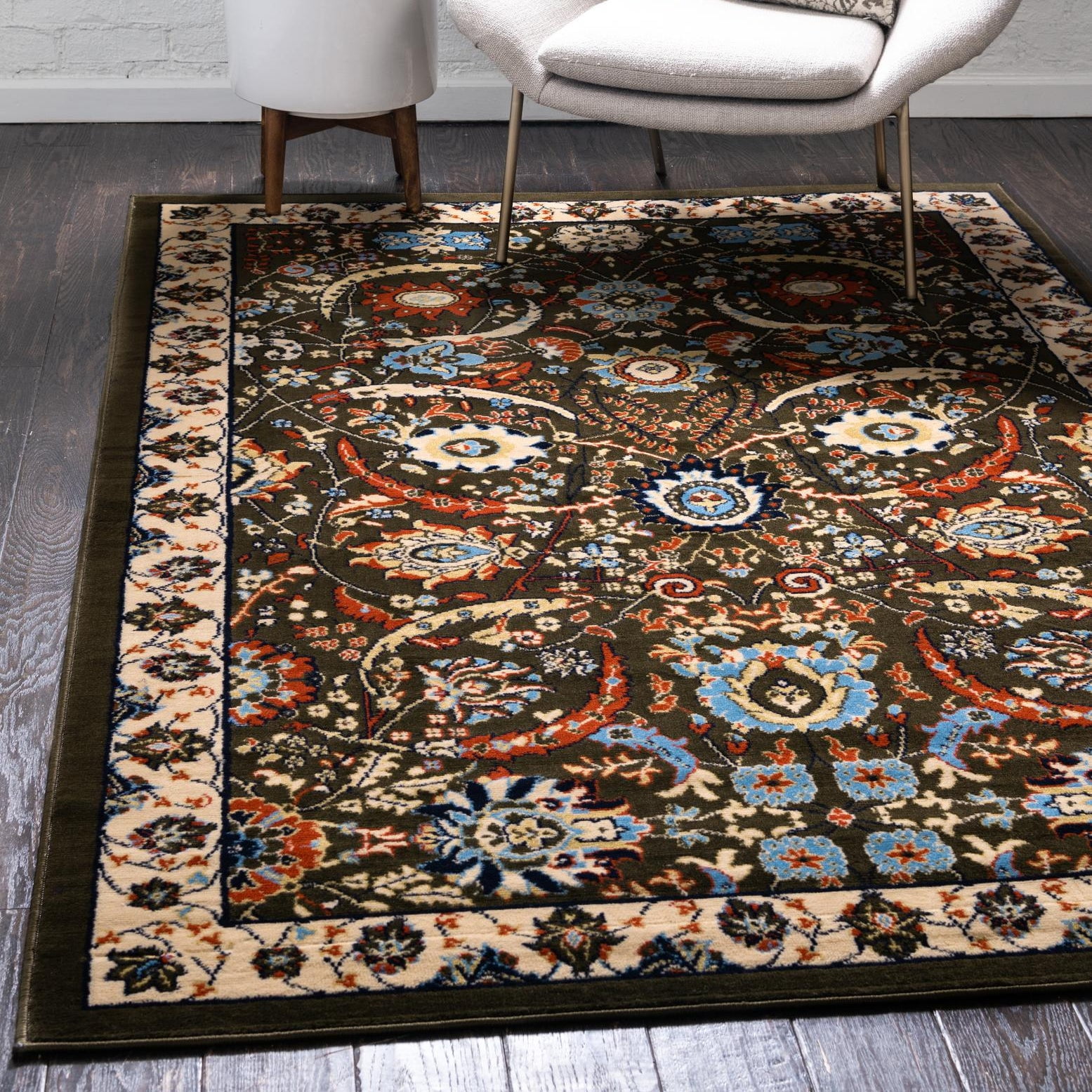Elegant Espahan Green Rectangular Easy-Care Synthetic Rug