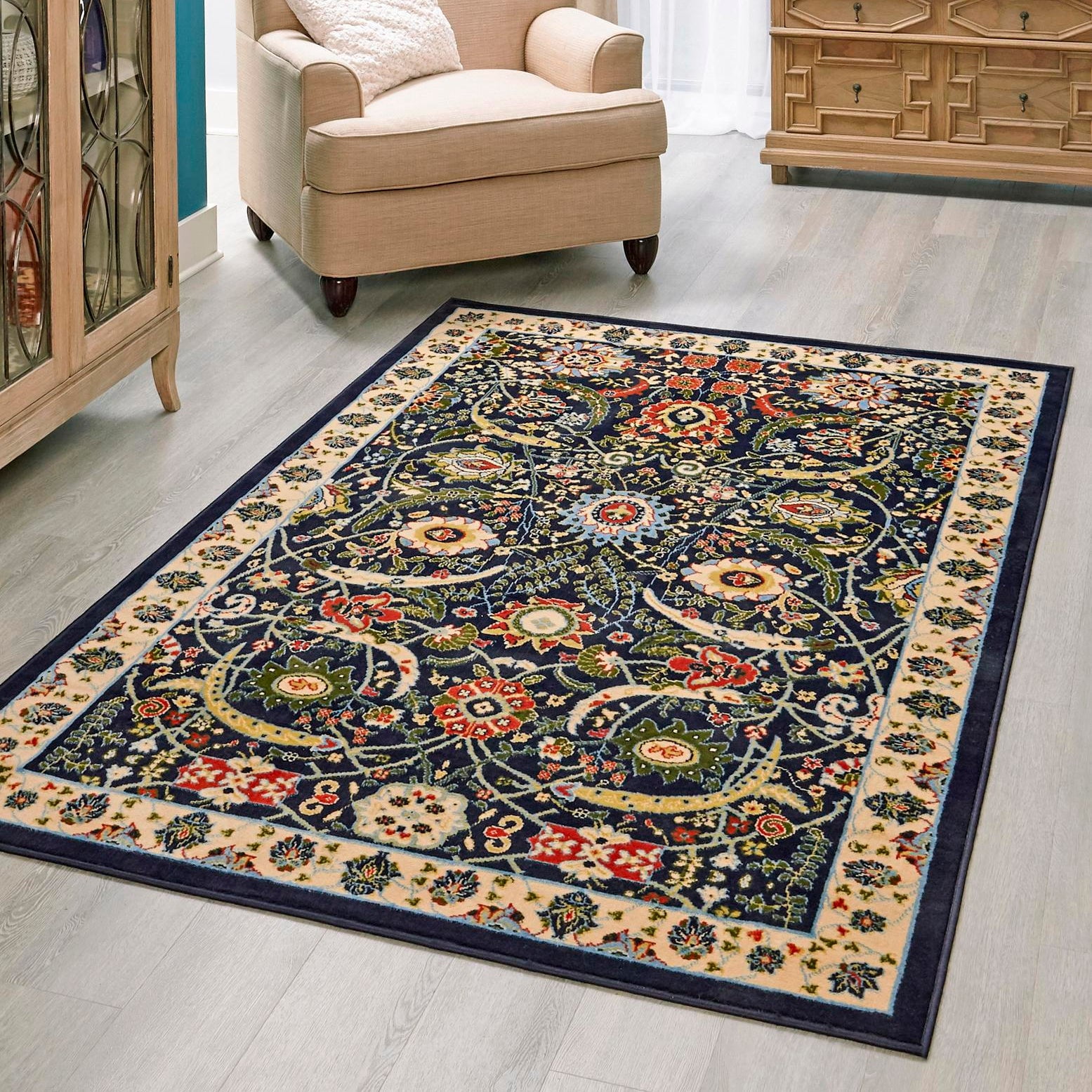 Navy Blue and Cream Synthetic 4' x 6' Rectangular Rug