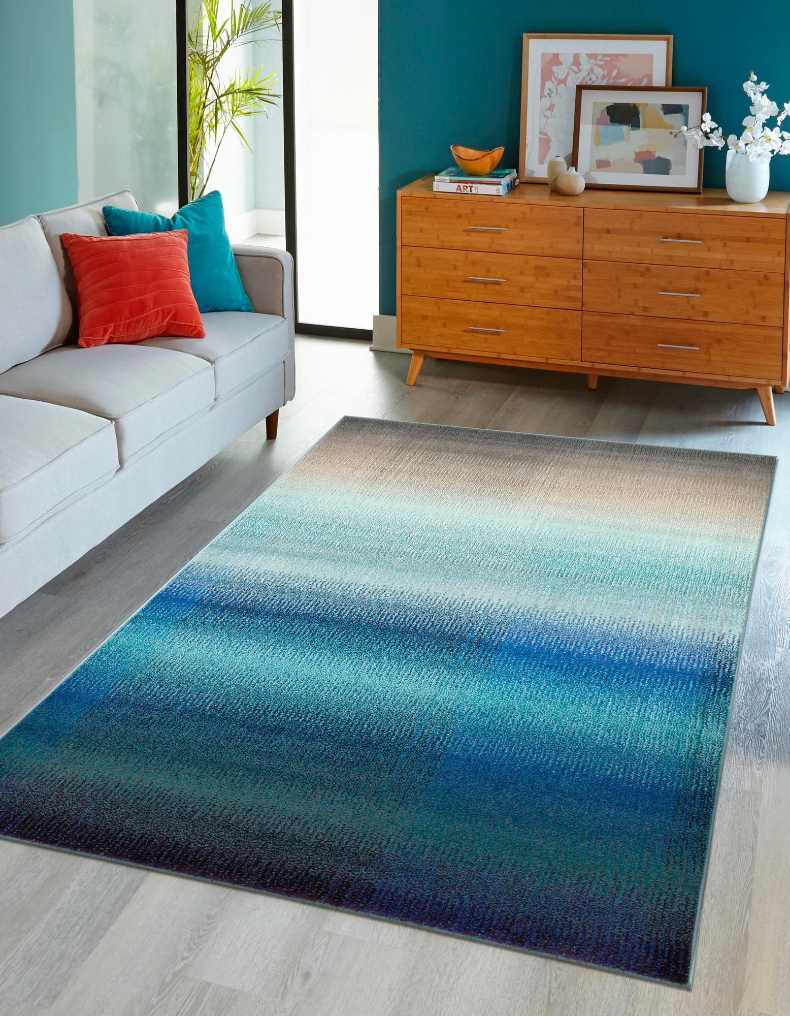 Blue Ombre Low Pile Stain-Resistant Area Rug, 7x10 ft