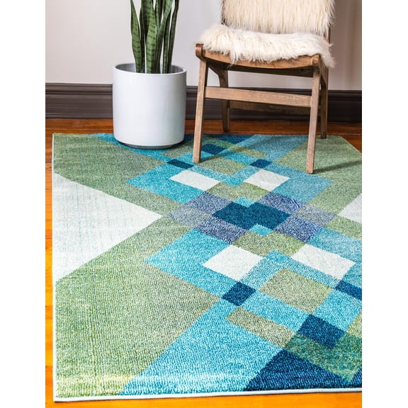 7' x 10' Green and Blue Argyle Style Rectangular Area Throw Rug