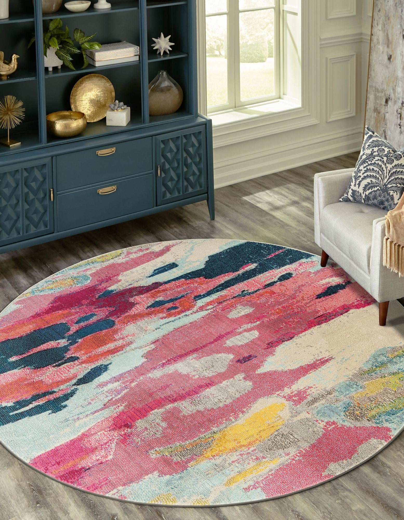 Vibrant Abstract Round Synthetic Rug in Pink & Blue, 6ft
