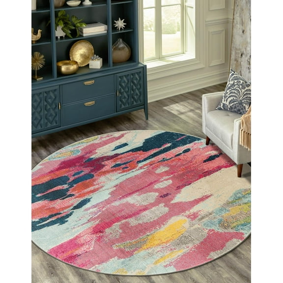 Unique Loom Estrella Collection Area Rug - Laurnell (6' 1" Round Pink/Orange)