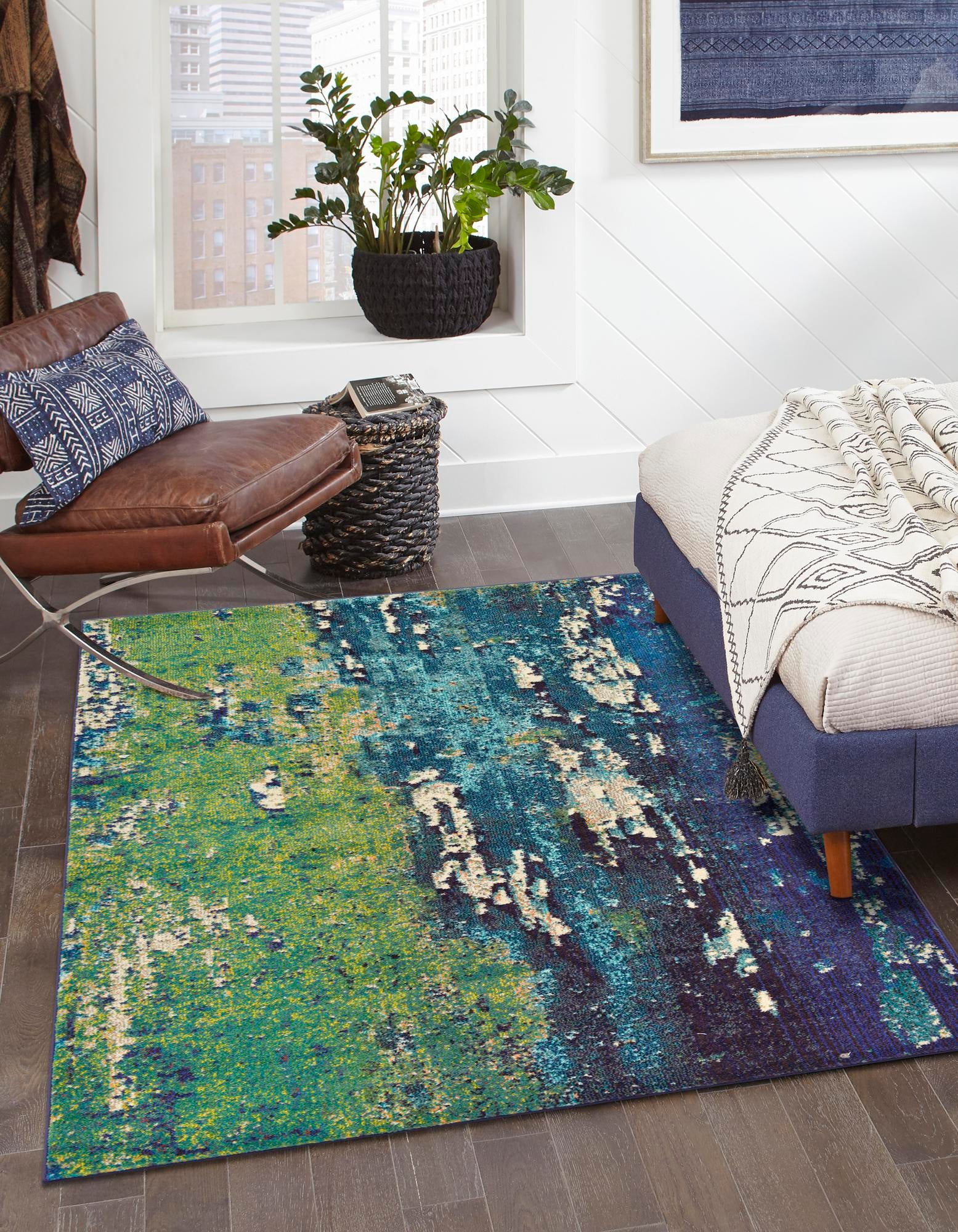 Navy Blue and Green Abstract Rectangular Area Rug
