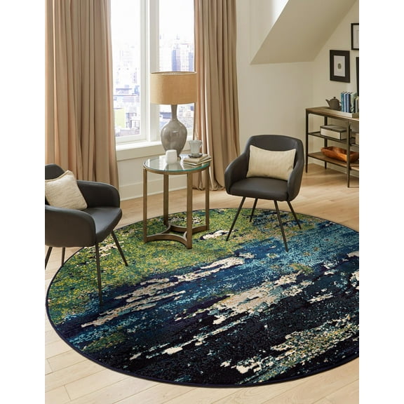 Unique Loom Estrella Collection Area Rug - Maison (6' 1" Round Navy Blue/Beige)
