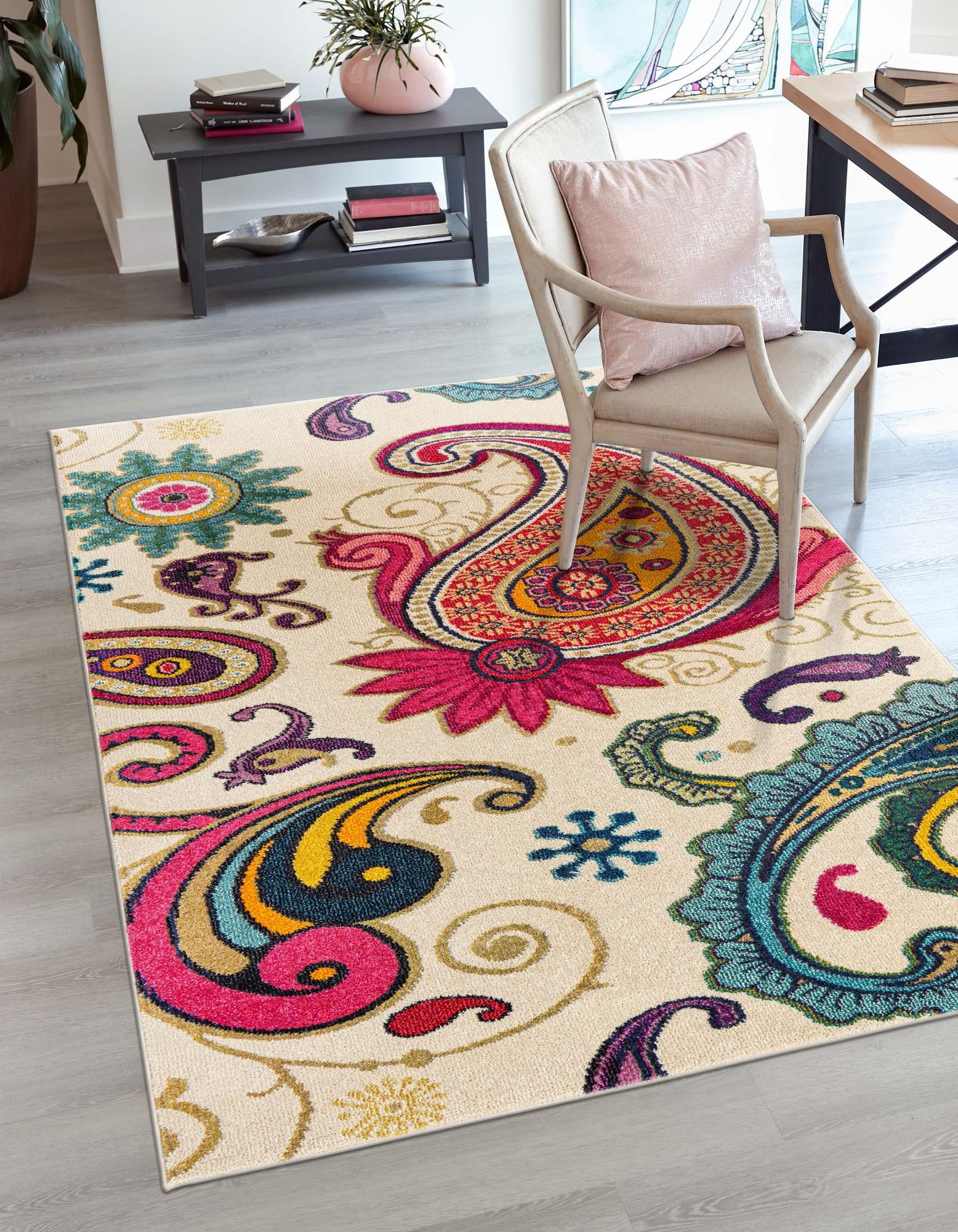 Ivory and Multicolor Synthetic Rectangular Area Rug, 5 x 8 ft